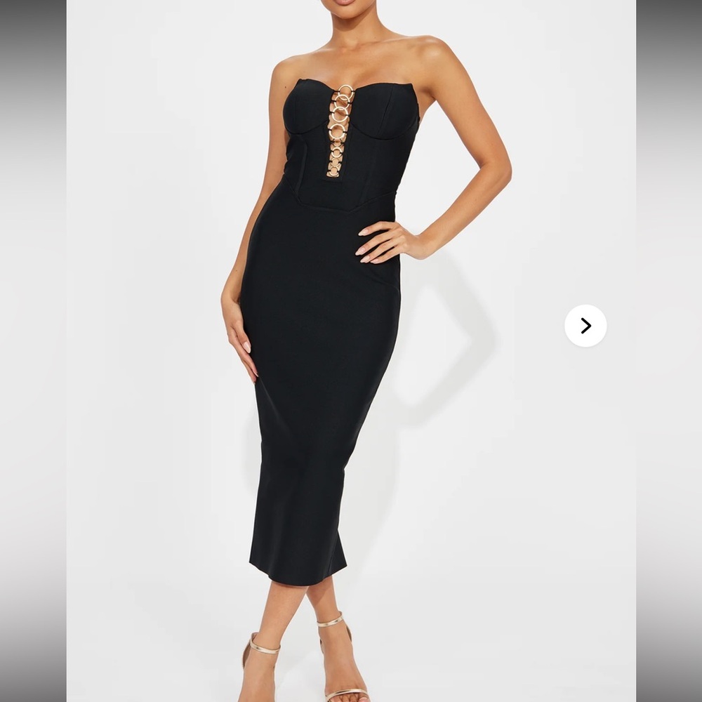 Fashion Nova Black Strapless Dress with Gold Accents Large NWT